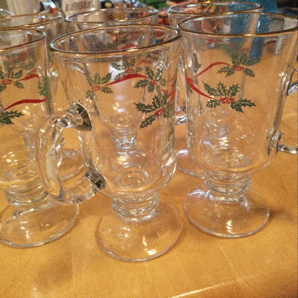 Set of six Libby Holly and Ribbon gold trimmed Irish mugs vintage